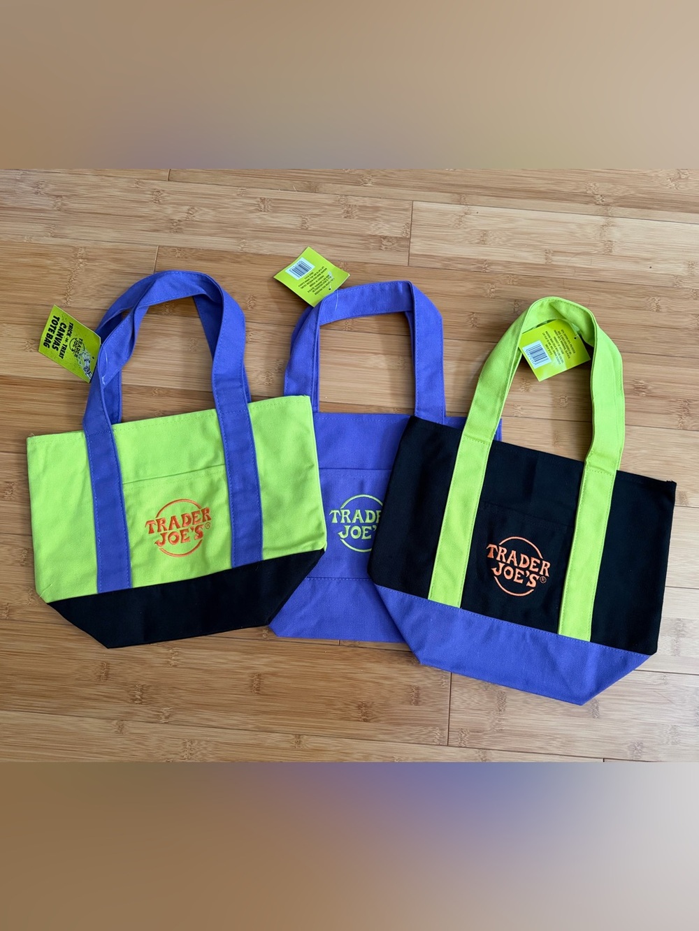 Trader Joe's Mini Tote Bags (Set of 3) Green Black Purple October 2026